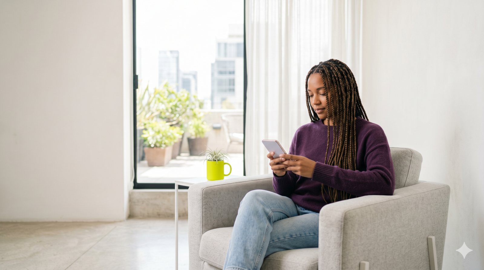 Woman reading on her phone in a bright modern interior, representing brand discovery inside AI answers.