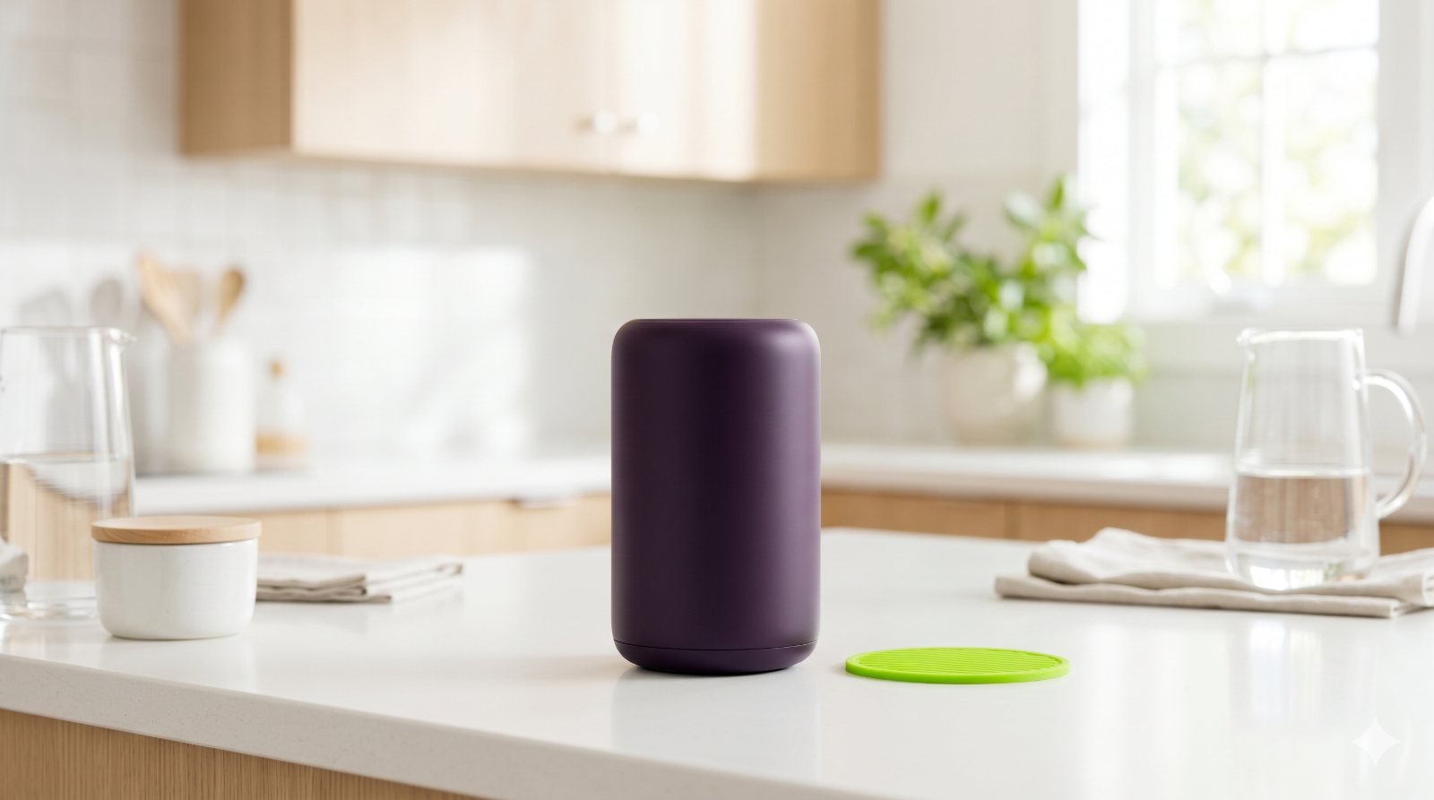 Aubergine smart speaker on a bright kitchen counter, representing voice and AI search.